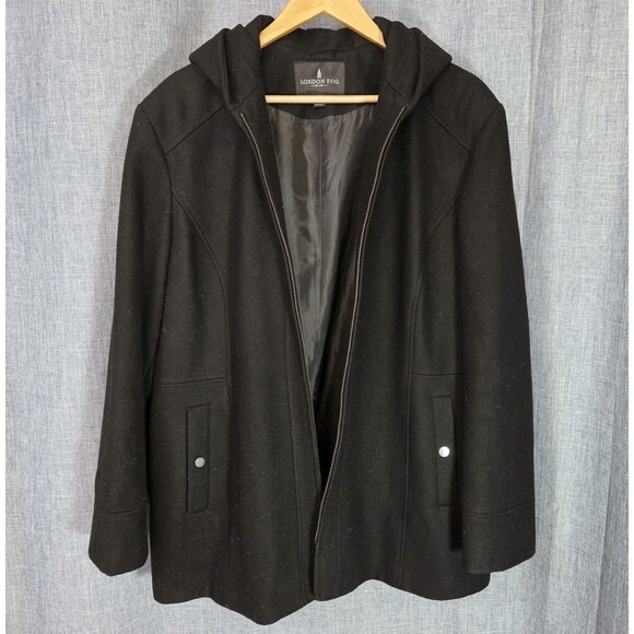 London Fog Hooded Stadium Jacket Wool Blend Women's XXL Lined Black Full Zip - Picture 14 of 14
